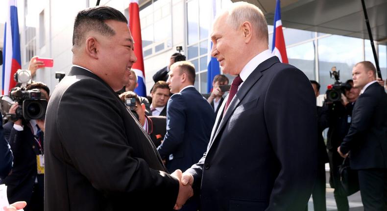 North Korean leader Kim Jong-Un (left) shaking hands with Russian President Vladimir Putin (right) when they met in September.Kremlin Press Office / Handout/Anadolu Agency via Getty Images