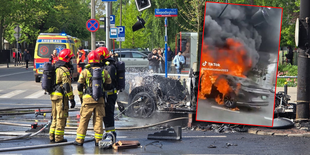 Pożar samochodu elektrycznego w Warszawie