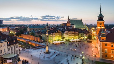 Panorama of Warsaw with Old Town at night