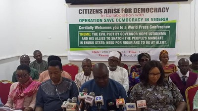 Members of the Citizens Arise for Democracy (CAD) call on the ruling All Progressives Congress (APC) to call Gov Hope Uzodinma to order. [CAD]
