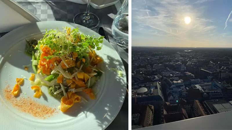 Po lewej: wegańskie risotto w &quot;Panorama Tower&quot;, po prawej: widok z restauracji