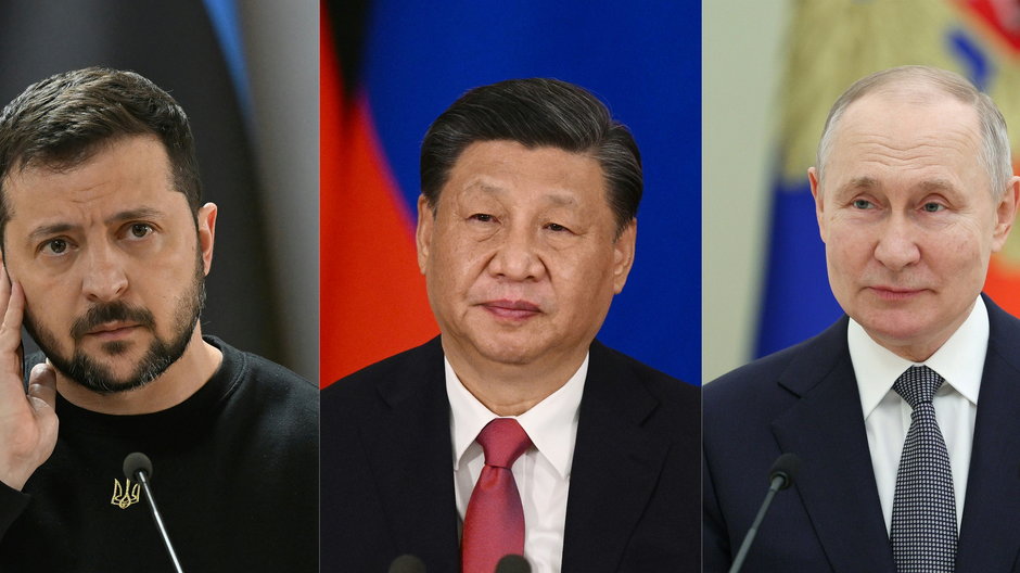 Prezydent Ukrainy Wołodymyr Zełenski, prezydent Chin Xi Jinping i prezydent Rosji Władimir Putin