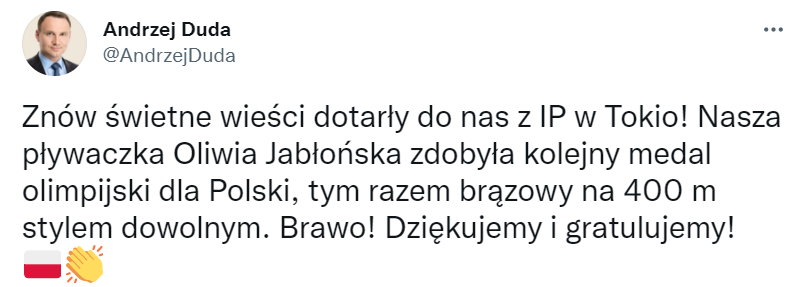 Andrzej Duda pogratulował Oliwii Jabłońskiej