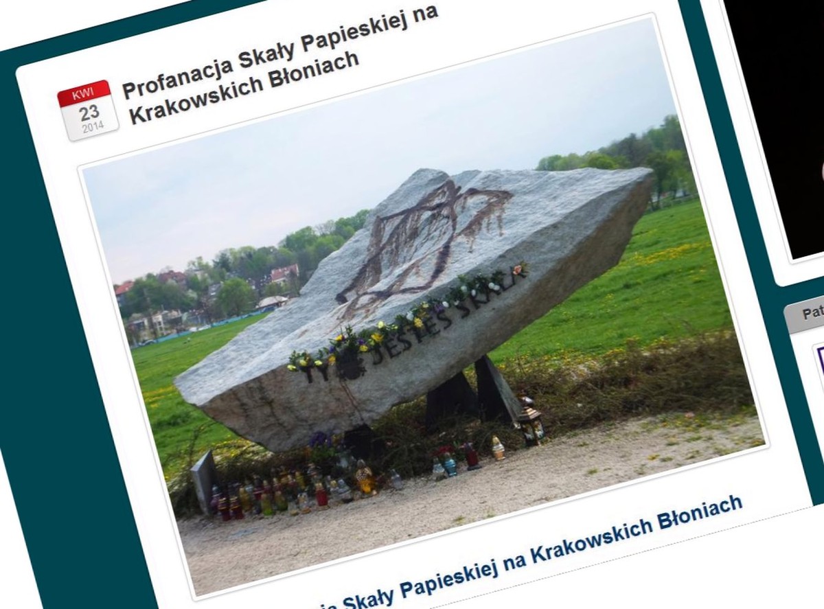 Zniszczono pomnik papieski na krakowskich Błoniach (źródło: http://wkrakowie2014.wordpress.com)