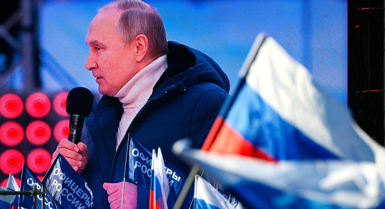 Vladimir Putin at a rally in Moscow in March to bolster support for the invasions of Ukraine.