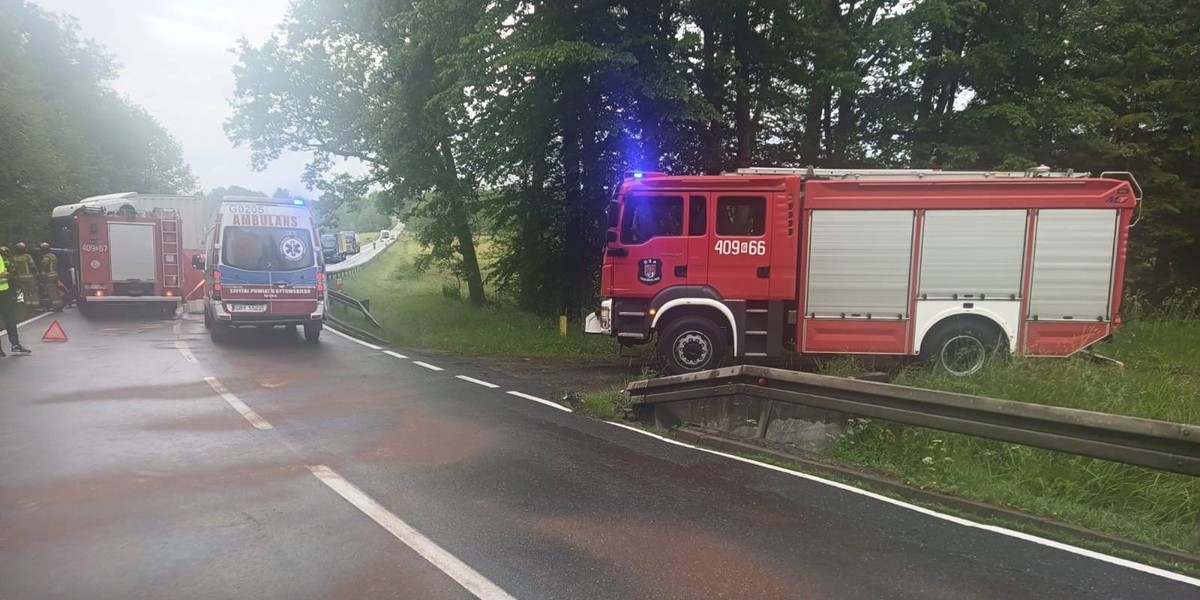 Ciężarówka wioząca konie wypadła z drogi, uderzyła w drzewo i przewróciła się. Dwie osoby z ciężarówki zostały ranne