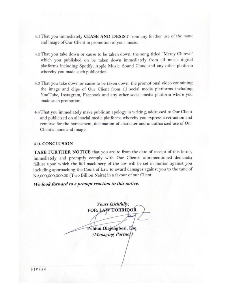 Mercy Chinwo&rsquo;s Lawyers serves Obidiz a Cease and Desist letter for using her name in a secular song