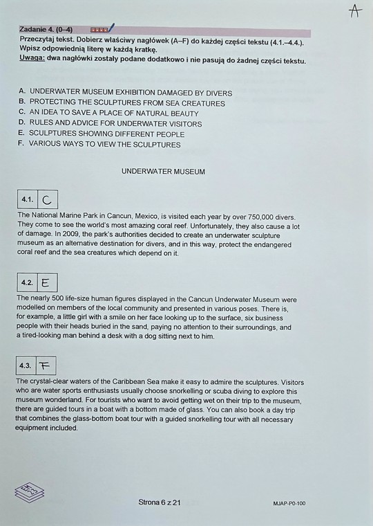 Matura 2024. Angielski na poziomie podstawowym – formuła 2023 – wersja A. Zadanie 4 (4.1, 4.2, 4.3)