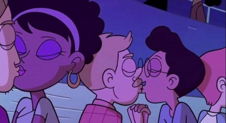 Gay kiss in a Disney cartoon.