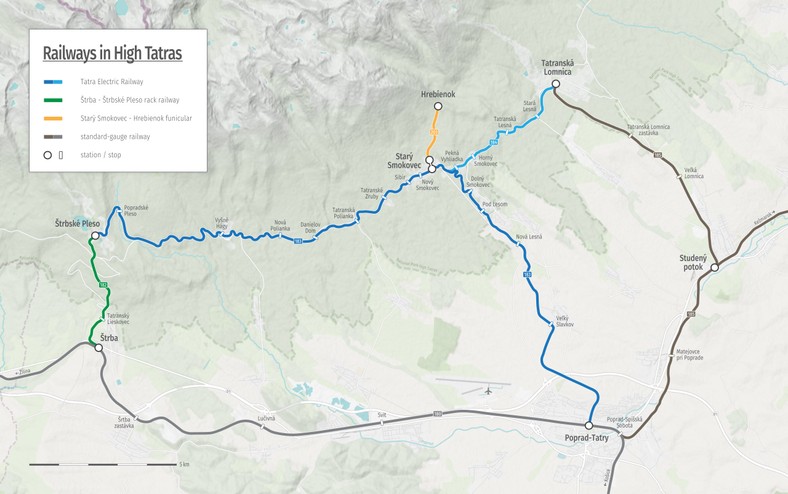 Mapa pokazuje przebieg kolei wąskotorowej po słowackiej stronie Tatr