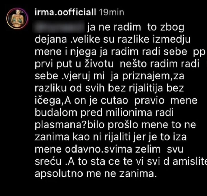 Irmina objava na društvenim mrežama