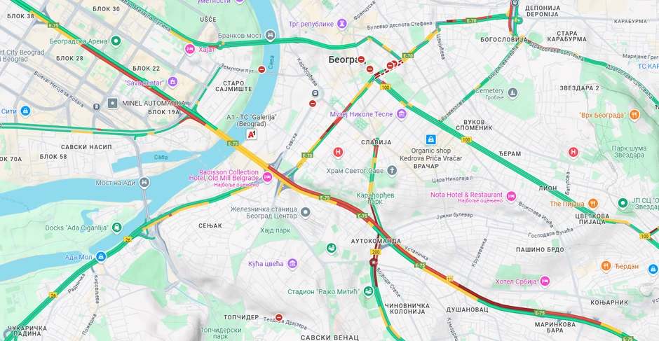 Mapa gužvi u Beogradu