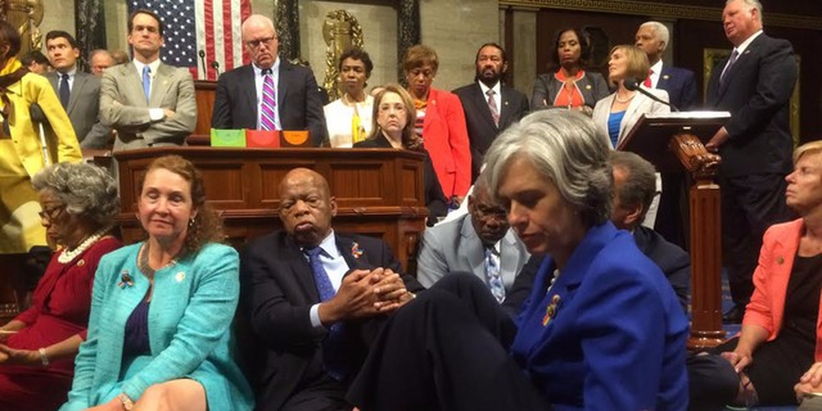 A photo tweeted from the floor of the House by U.S. Rep. Clark shows Democrats staging a sit-in over gun legislation in Washington.