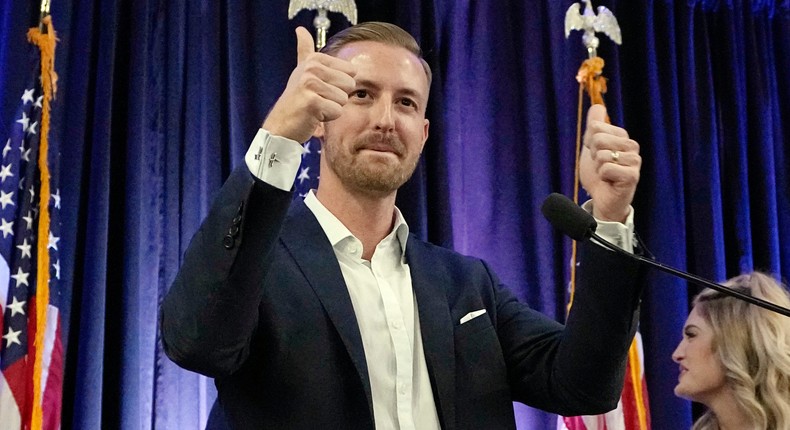 Ryan Walters, Republican candidate for state superintendent of public instruction, gestures to the crowd during a Republican watch party Nov. 8, 2022, in Oklahoma City.Sue Ogrocki/AP Photo