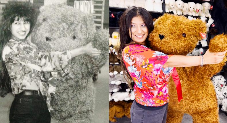 Lina Trivedi with a big Beanie Baby, then and now.Courtesy of Lina Trivedi