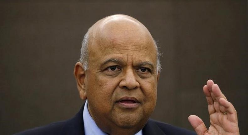 South African Finance Minister Pravin Gordhan reacts during a media briefing in Johannesburg, South Africa, March 14, 2016. 