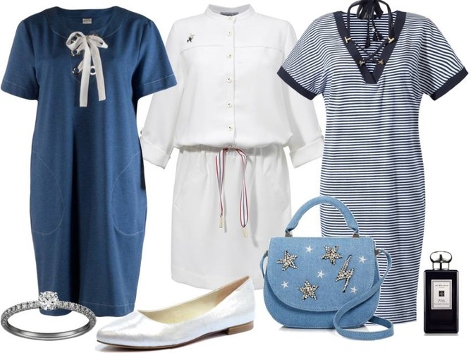 STYLIZACJE marynarskie na lato 2017: Sukienka niebieska – Rabarbar/bialcon.pl, dodatki – TKMAXX, buty – Caprice/caprice.pl, sukienka w paski – Cristina Effe/cristinaeffe.pl, sukienka biała – Sempre