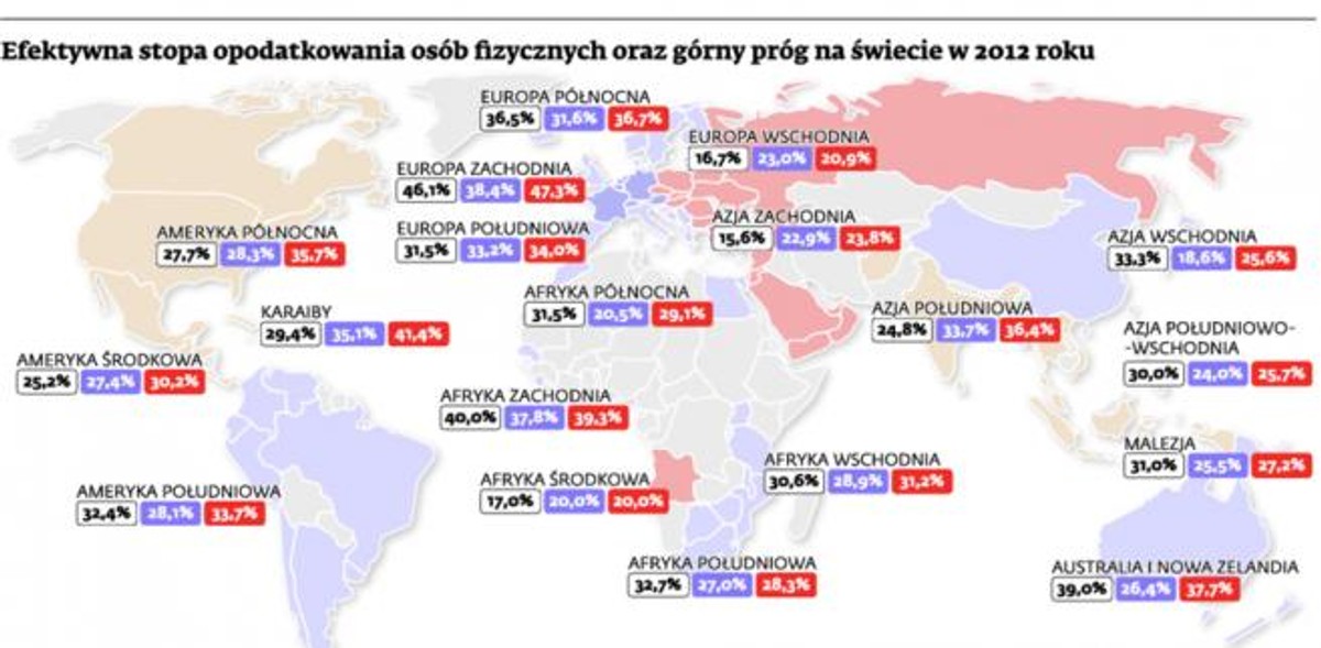 Efektywna stopa opodatkowania osób fizycznych oraz górny próg na świecie w 2012 roku