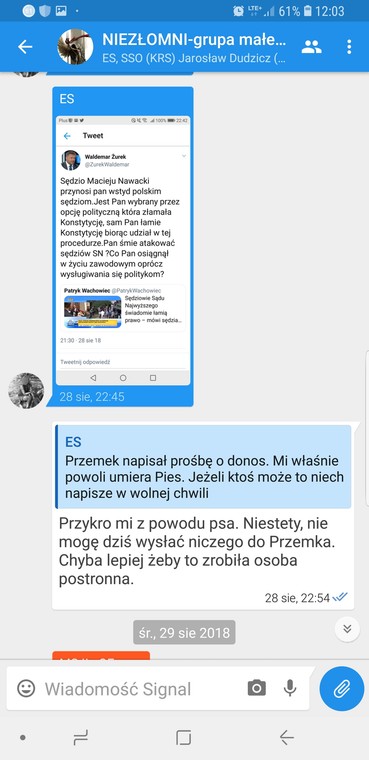 Screen z czatu "Niezłomni" na Signalu