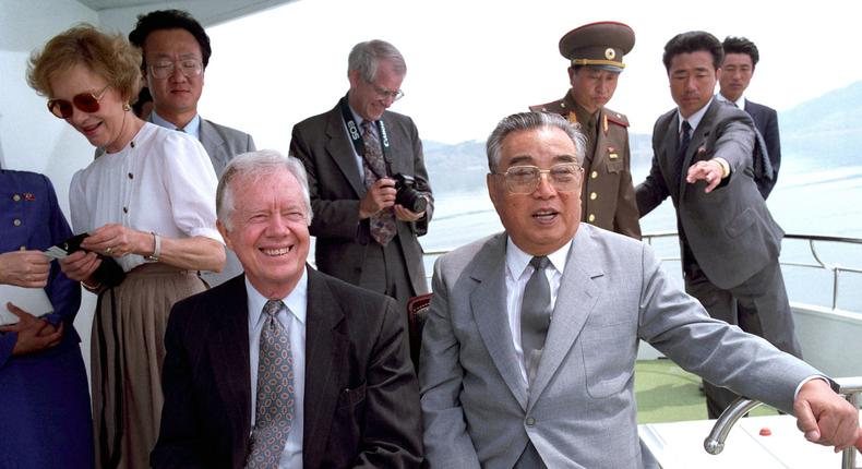 Former US President Jimmy Carter making a go of diplomacy with Kim Il Sung in June 1994, just weeks before Kim's death.