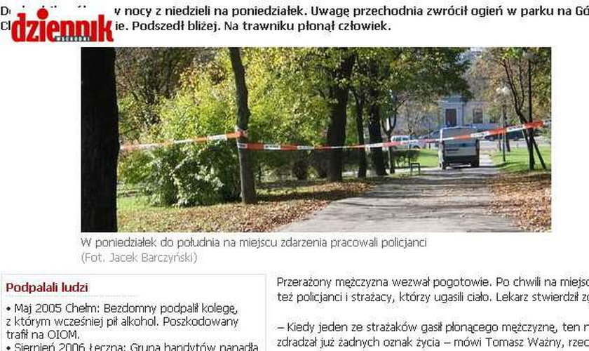 zwłoki, spłonięcie, alkohol, park, sekcja zwłok, straż pożarna