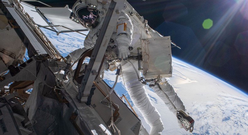 Astronaut Matthias Maurer of ESA (European Space Agency) is pictured on the International Space Station's truss structure during a spacewalk.NASA