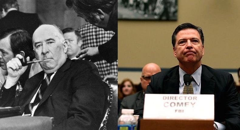 President Richard Nixon's attorney general, John Mitchell, left, who served a 19-month prison sentence for his role in Watergate. At right is James Comey, the FBI director whom President Donald Trump fired in May.