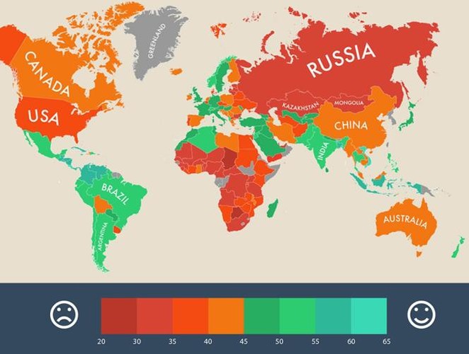Najbardziej szczęśliwi na świecie okazali się mieszkańcy Ameryki Łacińskiej. To tam występuje największa koncentracja zielonego koloru. 
<br><br>
graf. MoveHub