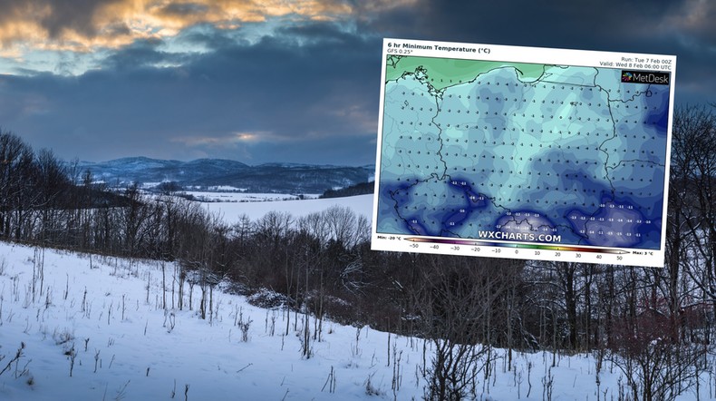 We wtorek mroźna zima nie odpuści. Pojawi się też śnieg (mapa: wxcharts.com)