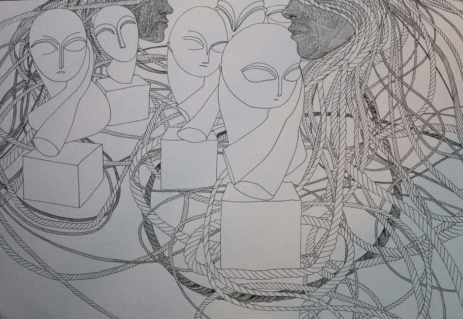 Sećanje na gospođicu Pogani, fajnlajner na papiru, 50x70 cm, 2025