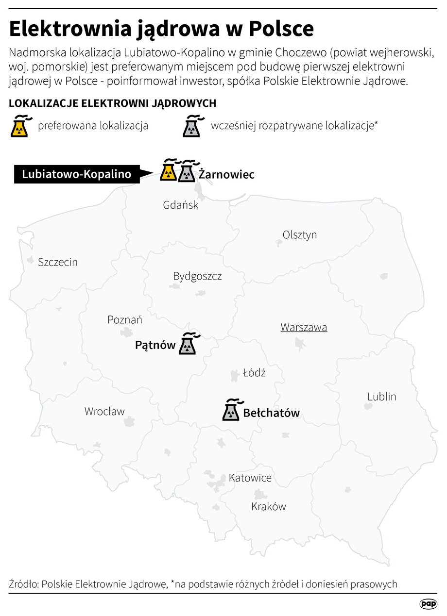 Preferowane lokalizacje pierwszych elektrowni atomowych w Polsce
