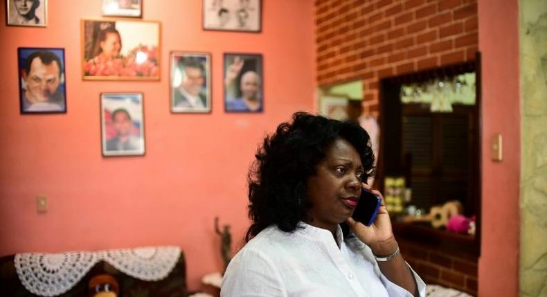 Cuban dissident, leader of the Human Rights organization Ladies in White, Berta Soler, speaks during a interview in Havana, on November 27, 2016, two days after the death of Cuban revolutionary leader Fidel Castro