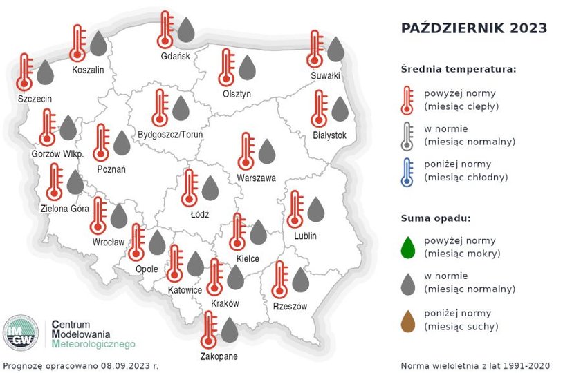 Prognoza średniej miesięcznej temperatury powietrza i miesięcznej sumy opadów atmosferycznych na październik 2023 r. dla wybranych miast w Polsce.