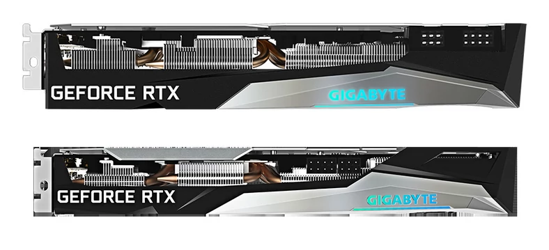 Porównanie Gigabyte RTX 3060 Ti Gaming OC Pro Rev.1 (na górze) z wersją Rev.2 (na dole)