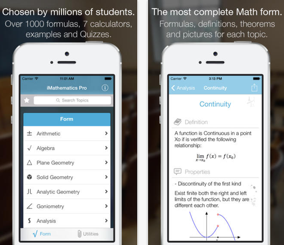Zdecydowanie najlepsza i najbardziej rozbudowana aplikacja do nauki matematyki. iMathematics daje nam dostęp do ponad 120 tematów oraz 700 formuł i definicji. Dzięki niej poszerzymy swoją wiedzę z zakresu algebry, geometrii oraz arytmetyki. Dodatkowym atutem aplikacji jest wbudowany kalkulator graficzny oraz zestaw quizów sprawdzających naszą wiedzę.