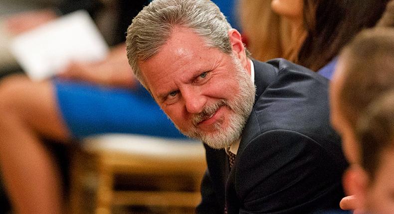 Jerry Falwell Jr., former president of Liberty University, waits for the arrival of President Donald Trump to sign an executive order in 2019.
