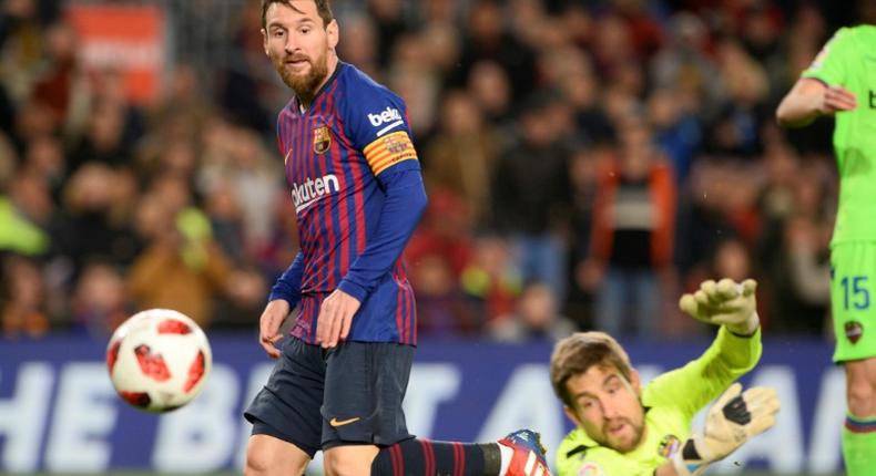 Lionel Messi scoring in Barcelona's Copa del Rey win over Levante on Thursday - he is the top scorer in La Liga with 17 goals