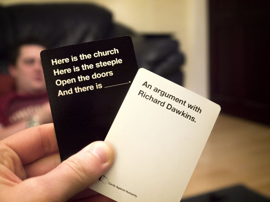 A black "Question" card and a white "Answer" card. Whichever player has the funniest "answer" to the question wins the hand.