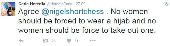 Carla Heredia
"Zgadzam się. Kobiety nie powinny być zmuszane do noszenia hidżabu. Nie powinny też być zmuszane do jego zdjęcia"