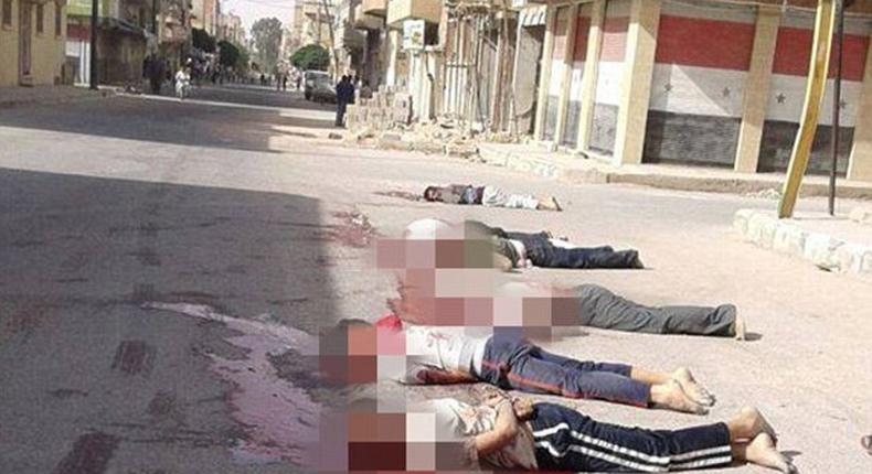 A picture sent by activists to a Western journalist showed a row of men in a street in Palmyra — known locally by its Arabic name Tadmur — lying in a pool of blood. At least four had been decapitated