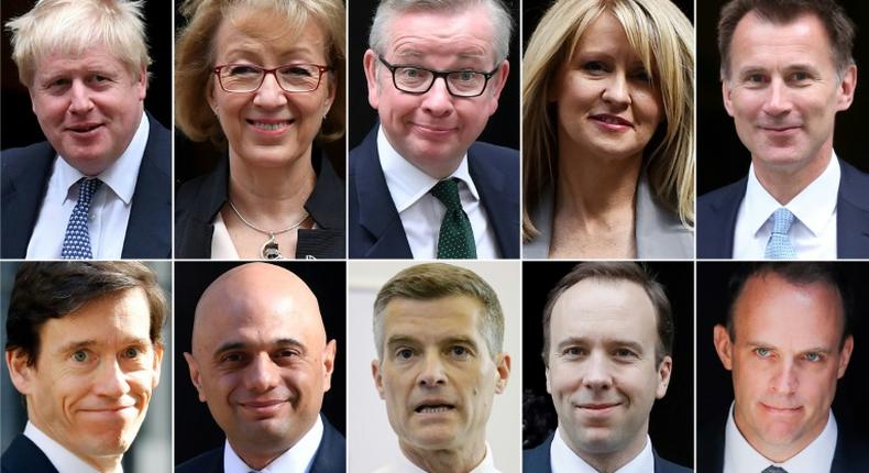 File picture showing the 10 contenders in the Conservative Party leadership contest - (top L-R) Boris Johnson, Andrea Leadsom, Michael Gove, Esther McVey, Jeremy Hunt (bottom L-R) Rory Stewart, Sajid Javid, Mark Harper, Matt Hancock, Dominic Raab