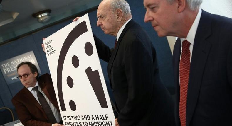 Members of the Bulletin of Atomic Scientists unveil the 2017 time for the Doomsday Clock January 26, 2017