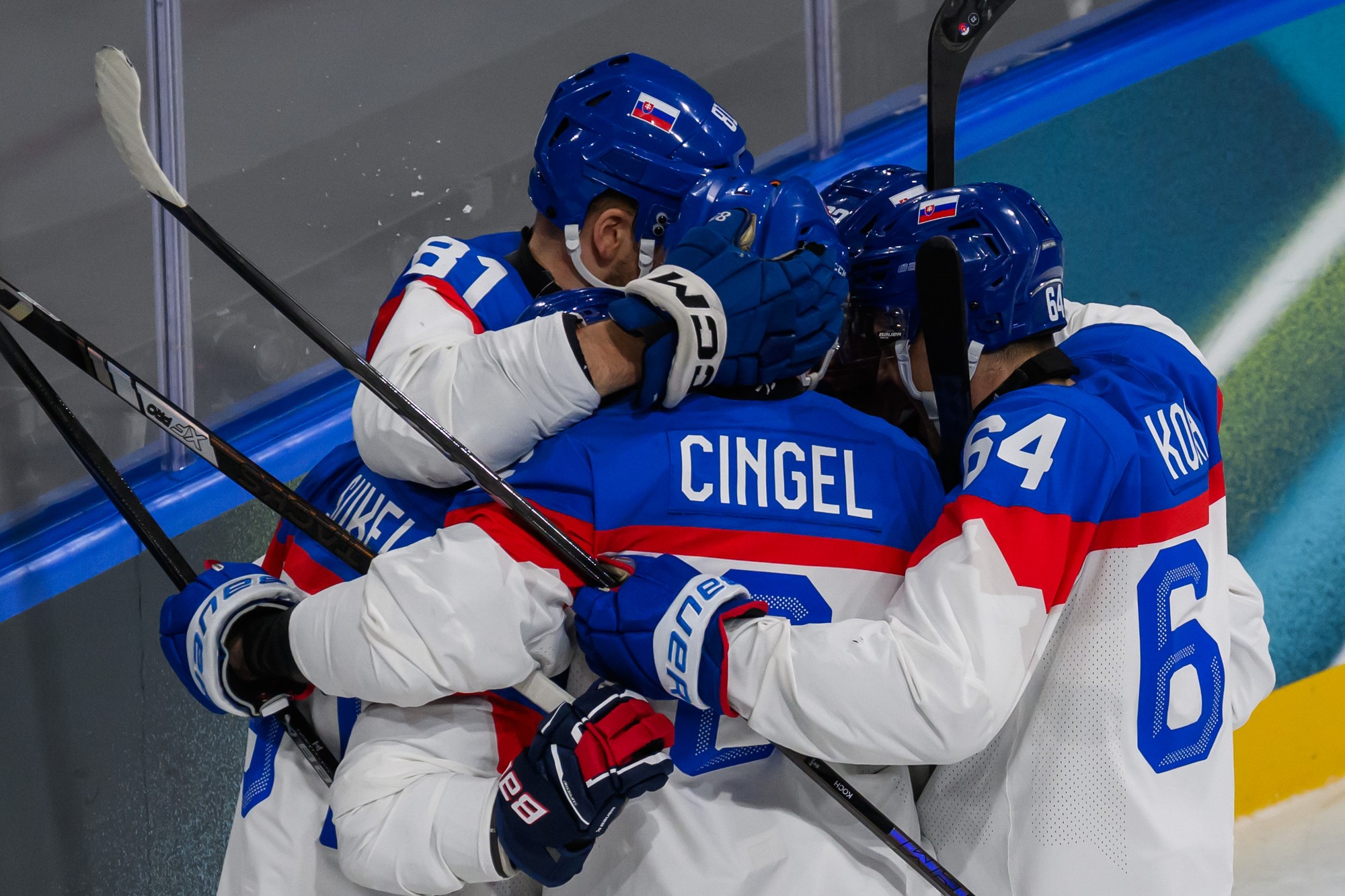 Slovenskí hokejisti sa tešia z gólu. 