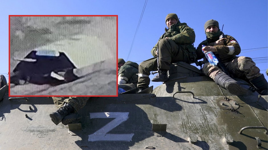 Rosyjscy żołnierze oraz rosyjski czołg z prowizorycznym pancerzem