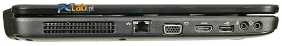 Lewa strona: złącza audio, port USB 2.0, HDMI, VGA, RJ45