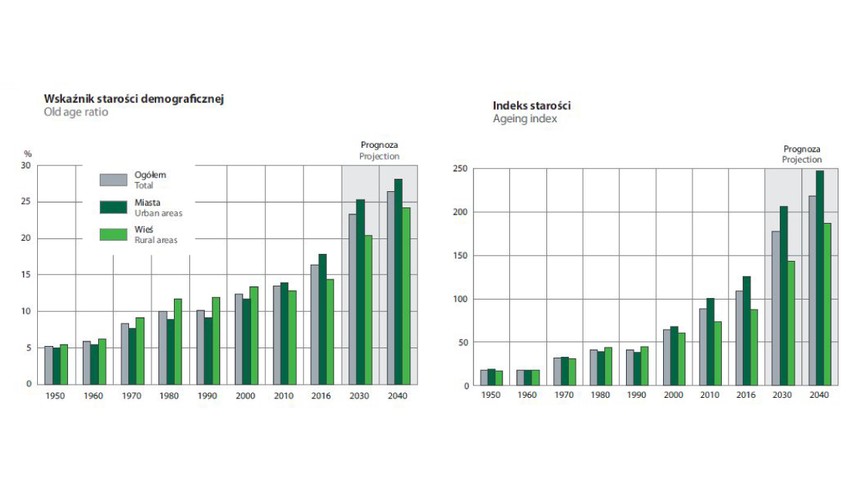 Szybkie tempo starzenia się polskiego społeczeństwa doskonale widać na wskaźniku starości demograficznej i indeksie starości. Pierwszy z nich przedstawia udział osób w wieku powyżej 65 lat w ogólnej liczbie ludności. Z kolei indeks starości obrazuje, ile osób w wieku 65 lat i więcej przypada na 100 dzieci nie starszych nie 14 lat. Innymi słowy jest to wskaźnik liczby dziadków przypadający na 100 wnuczków.