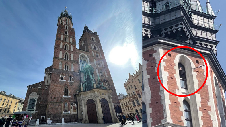 Kościół Mariacki i dłoń hejnalisty pozdrawiającego turystów i mieszkańców