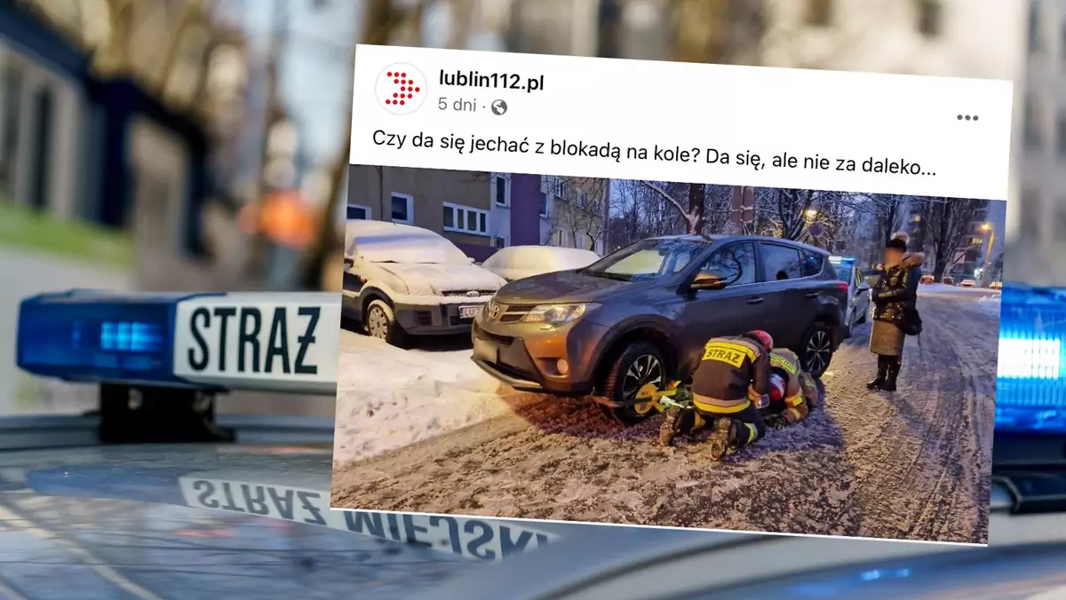 Pojechała z blokadą na kole. Trzeba było wezwać straż pożarną