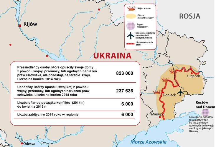 W marcu 2014 roku, Rosja dokonała aneksji  ukraińskiego terytorium Krymu. Następnie, zgodnie z informacjami ukraińskiej armii, udzieliła bezpośredniego wsparcia  wojskowego prorosyjskim rebeliantom w Doniecku i Ługańsku. Od grudnia 2014 roku, z wyjątkiem oblężonego Debalcewe w lutym, sytuacja w rejonie pozostawała stosunkowo stabilna. Prorosyjscy separatyści nadal posiadają kontrolę na terenach we wschodniej Ukrainie.