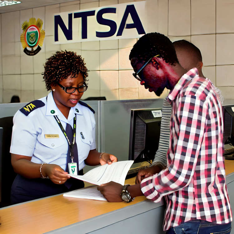 An AI-generated image of an NTSA officer assisting a motor vehicle owner with the ownership transfer process at an NTSA office